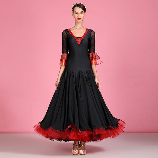 

ballroom dance dress women waltz standard dance foxtrot tango performance clothing ladies stitching competition dresses dc3559, Black;red