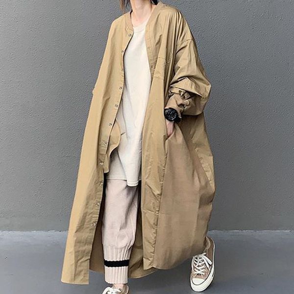 

korean solid long trench office fashion loose wear long sleeve commuter trench coat oversized female casual autumn overcoat, Tan;black
