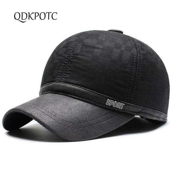 

qdkpotc 2019 autumn winter new men baseball caps pu cotton patchwork middle-aged hat outdoor keep warm ear protection dad cap, Blue;gray