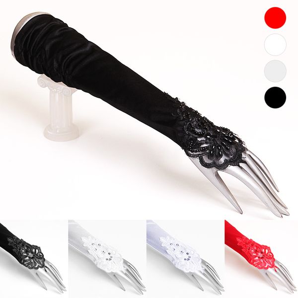 

women bridal lace gloves long bride wedding gloves wholesale wedding flowers pleated satin sewn beads sequins fingerless gloves, Blue;gray