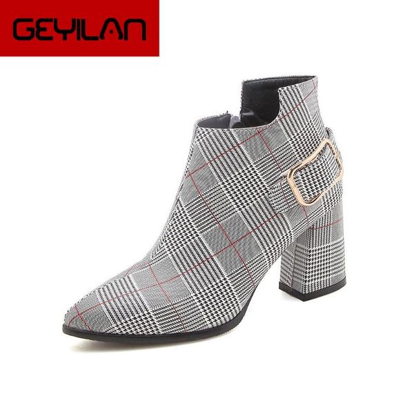 

ladies chaussure women luxury grid leather shoes woman zapatos mujer sapato ankle boots chunky high heels booties pumps jkm8, Black