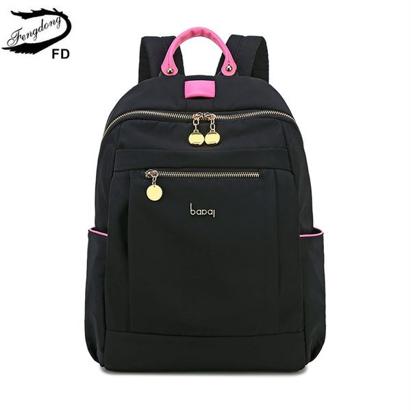 

fengdong fashion black waterproof nylon school backpack for girls anti theft backpack female minimalist travel laptop