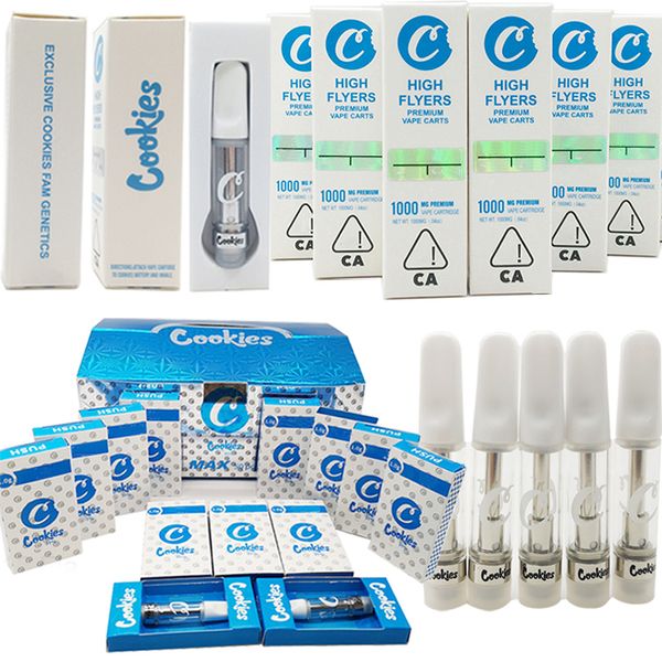 

Cookies High Flyers Vape Cartridges 0.8ml 1ml Empty Ceramic Vape Pen Carts 510 Oil Cartridges Glass Tanks Push Packaging Box Vaporizer Ecigs