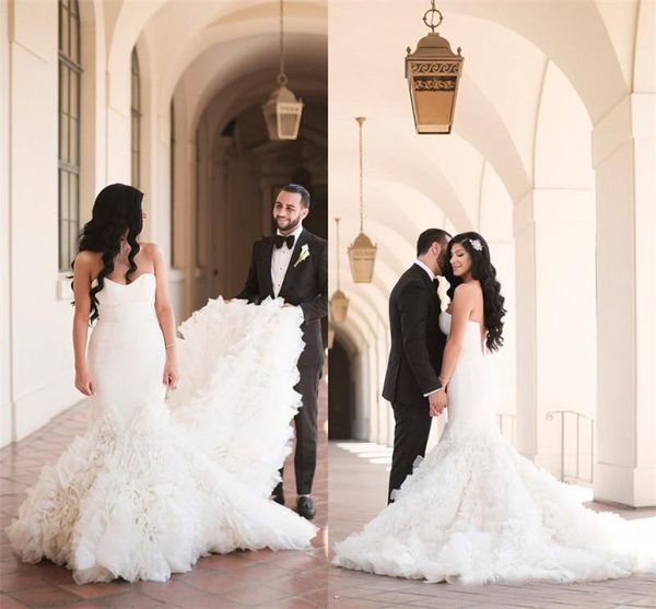 

2019 Summer Backless Sweetheart Mermaid Wedding Dresses Cascading Ruffles Pleats Long Sweep Train Bride Wedding Gowns Arabic