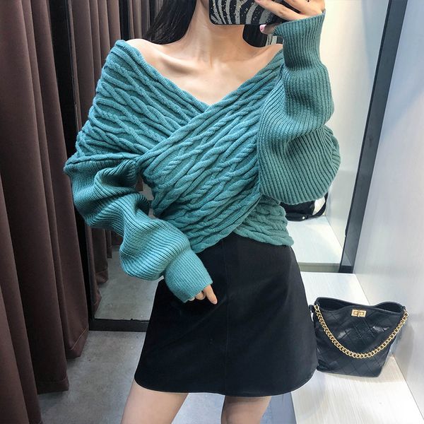 

spring autumn deep v-neck twistered knitted pullover sweater fashion crossed over bat-sleeve elastic slim knit jumper, White;black