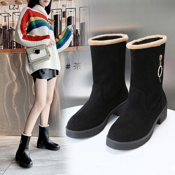 

lzj new 2019 autumn and winter women's shoes fashion with heel and velvet zipper snow boots zapatos de mujer plus size 35-40, Black