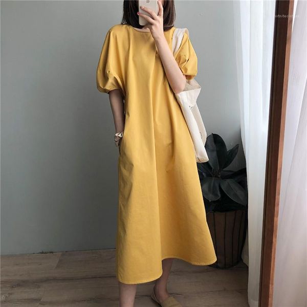 

dress famale designer clothing womens puff sleeve loose dress fashion round neck solid color summer casual, Black;gray