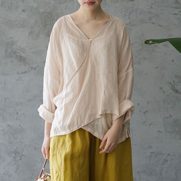 

johnature spring summer cotton linen comfortable all-match lace up shirt 2020 new 3 color v-neck button women irregular shirts, White