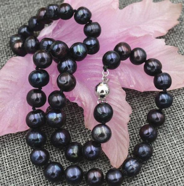

new 9-10mm black baroque natural pearl necklace 18 inch 925 silver clasp