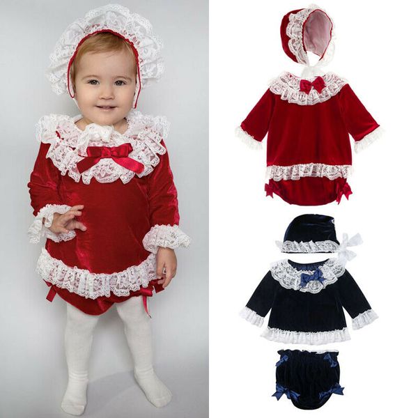 

2019 new newborn kids baby girls boys princess 3pcs sets lace velvet +shorts hat outfits outfit 0-4y, White