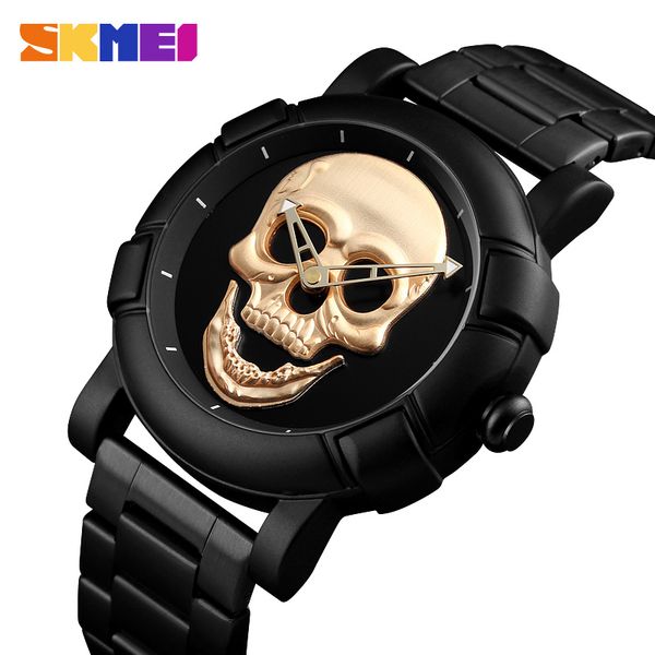 

2020 skmei skull quartz men's watch men creativity watches stainless steel 30m waterproof male wristwatch relogio masculino 9178, Slivery;brown