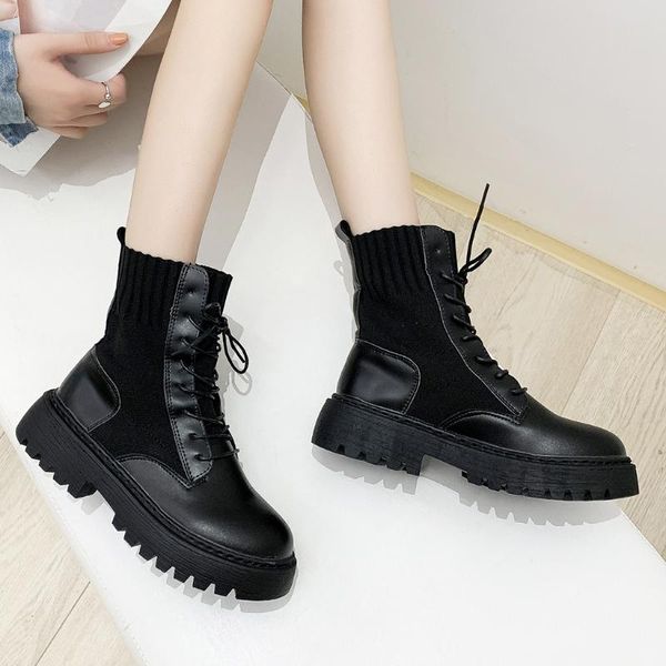 

platforms thick bottom shoes women fashion round toe short ankle motorcycle boots ladies party gothic punk low heel shoes, Black