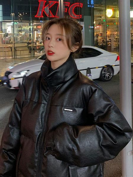 

timis li кожа pu parkas женщины моды искусственной кожи пальто женщины elegant молнии хлопок-подушечка куртки женские ветрозащитные куртки, Black