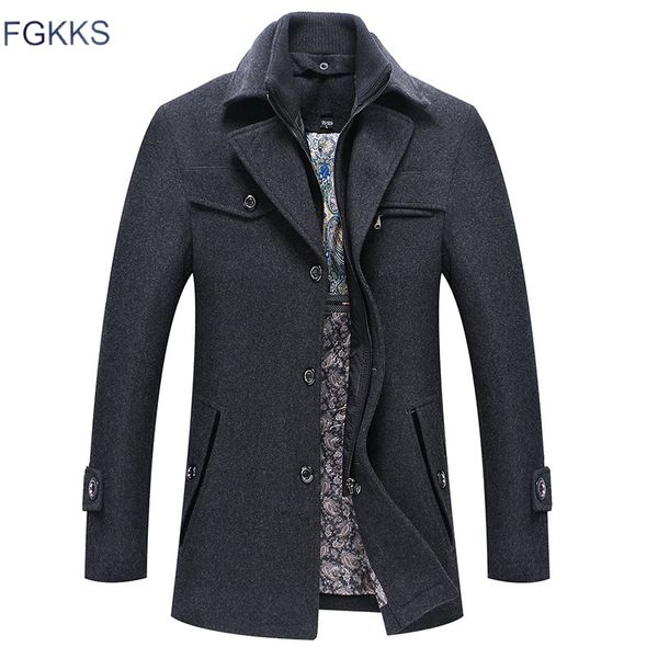 

fgkks мужчины зима шерстяное пальто мужская осень повседневная solid color multi-карманный wool бленды шерстяной бушлат мужской trench шинел, Black