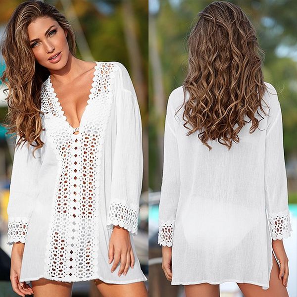 

2018 new women crochet hollow beach dress bikini cover up swimwear beachwear v neck summer, Blue;gray