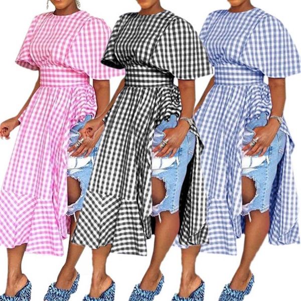 

Women Ruffles Summer Dress Women Two-side Split Plaid Tall Waist Short Sleeve Long Casual Dress Casual Fashion Party Dresses S-XXXL