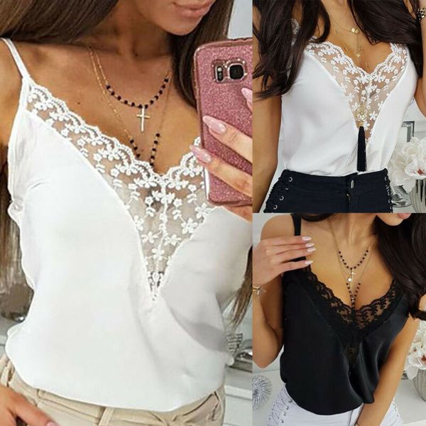 

womens strappy vest tank v-neck sleeveless lace summer casual shirt blouse, White