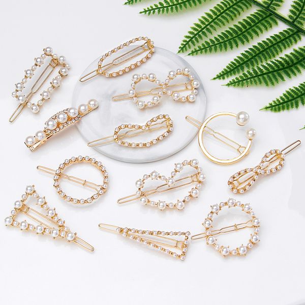 

1pc pearl hair clip geometric irregular hollow hairpin ladies bangs clip accessories women girls metal barrettes hair, Golden;white