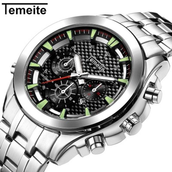 

temeite men quartz watch male stainless steel complete calendar business wristwatch mens gifts relogio masculino, Slivery;brown