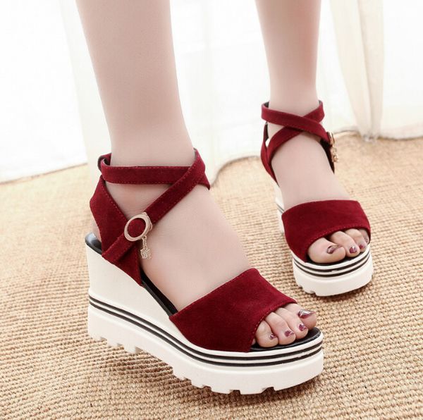 

2019 summer new women's sandals suede solid color high heels wedges buckle fish mouth open toe increased thin women's shoes, Black
