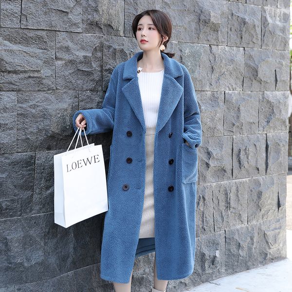 

women's wool & blends 2021 grain cashmere coat female long section double breasted full sleeve loose compound lamb fur grass tide s, Black