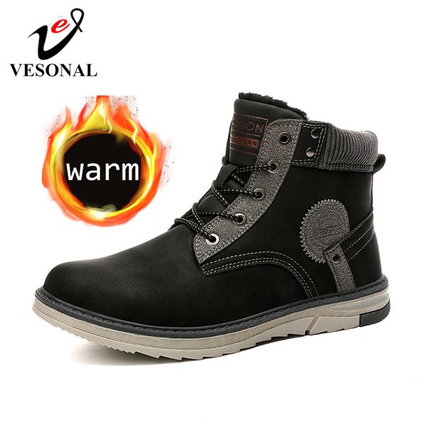

vesonal 2019 warm autumn winter classic leather ankle men boots snow shoes fur plush male casual boot sneakers footwear, Black