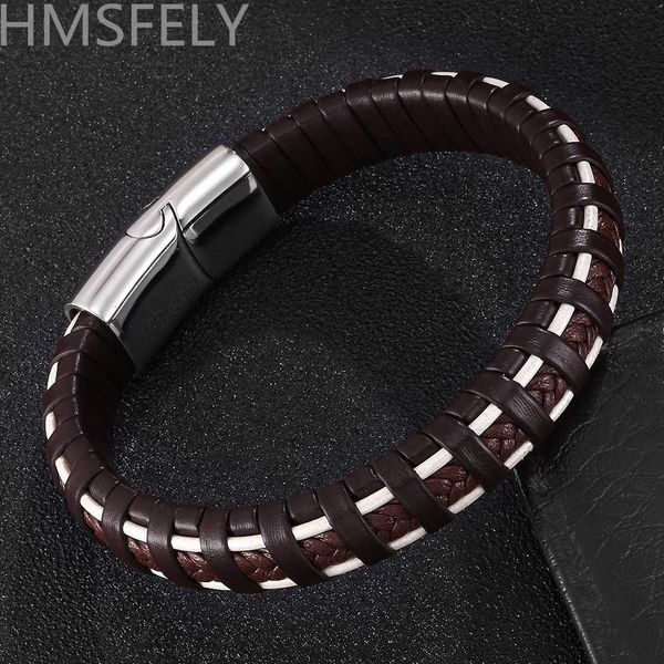 

hmsfely handmade men's super fiber leather bracelet simple style black brown bracelets & bangles for men magnetic clasp jewelry, White