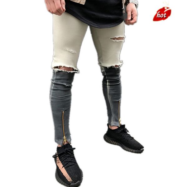 

men's jeans vintage skinny destroyed ripped streetwear jeans 2019 spring casual hip hop zipper pencil plus size o8r2, Blue