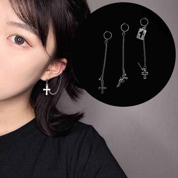 

1pcs european style fashion vintage long chain cross pistol drop earrings for men and women party punk jewelry gift brincos, Silver