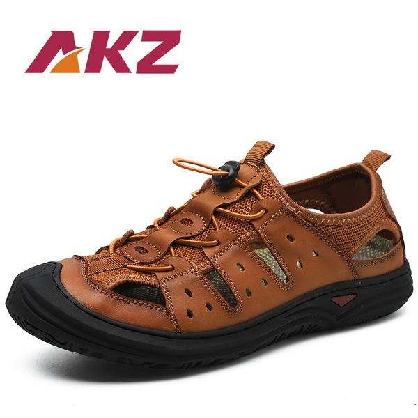 

akz men's sandals 2019 summer beach flip flops genuine leather breathable soft comfortable light male flat shoes leisure shoe, Black