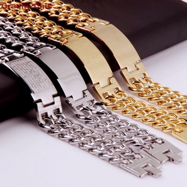 

23mm fashion 316l stainless steel silver gold tone bible cross or smooth id 2 row curb link chain men's bracelet bangle 9, Golden;silver
