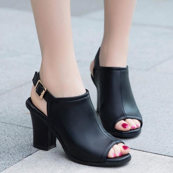 

2020 women plus size sandals peep toe shoes woman thick high square root heels roman leather sandal plus size dress shoes #j, Black