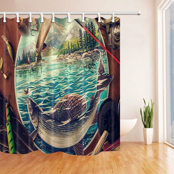 2019 Fish And Fishing Rod Shower Curtain On The Table Durable