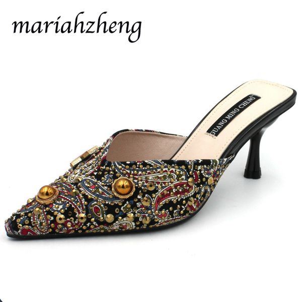 

meriahzheng 7cm summer fashion pointed high-heeled women's shoes embroidered retro casual rhinestone rivet female slippers tws, Black