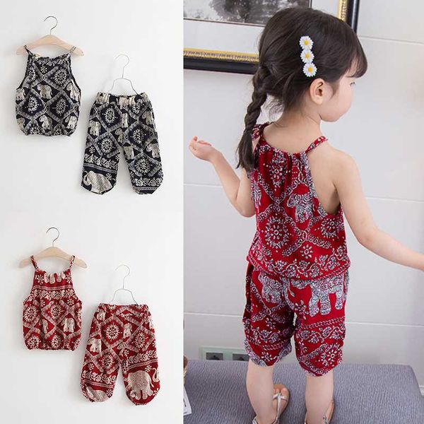 

летняя мода урожай для печати девочки одежда наборы смазливой бретели + обрезанных брюки 2pcs костюм малышей 2-6 лет малыши девочки одежды, White