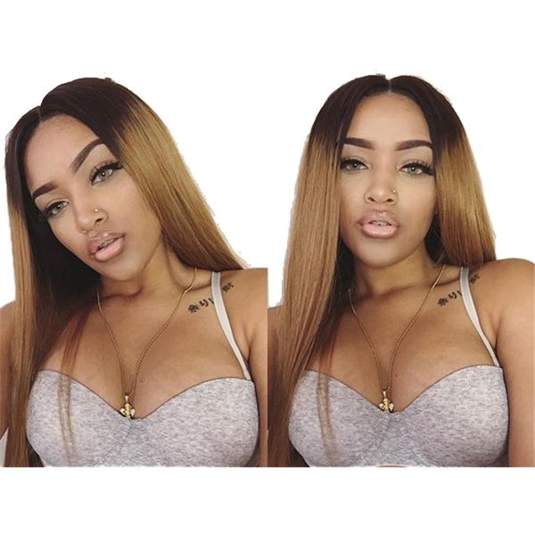 

ombre color deep part lace front human hair wigs dark roots brazilian remy straight wigs can be dyed pre plucked full lace wigs, Black
