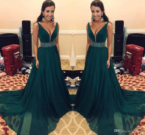 

hunter green chiffon a line evening dresses deep v neck beads sashes court train formal dress evening party gowns prom dress, Black