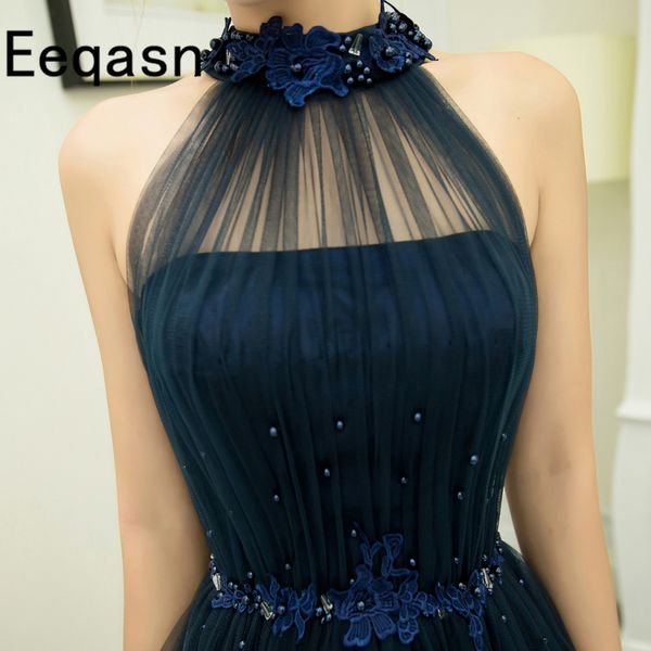 

new elegant navy blue arabic evening dress 2018 halter a-line soft tulle off the shoulder party gown black abendkleider, White;black