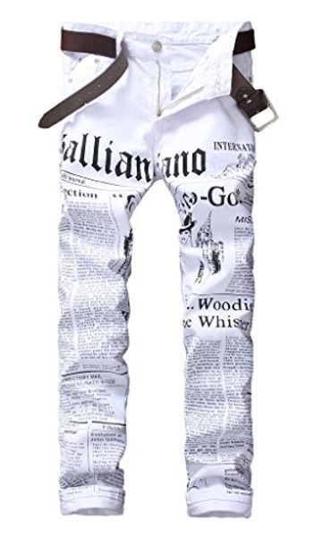 

enrica men's casual letters printed jeans skinny white denim pants, Blue