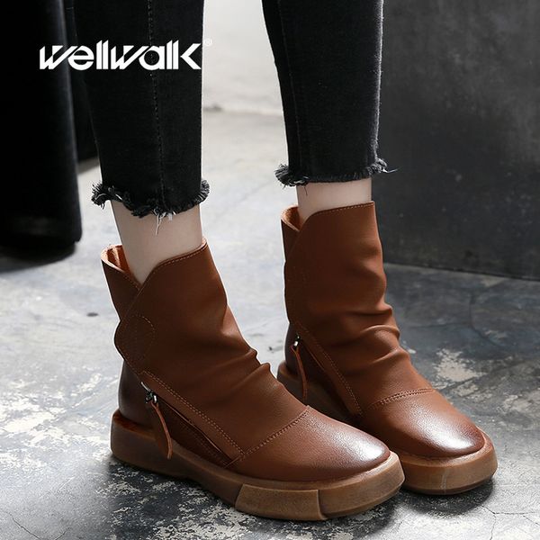 

short boots women fashion ankle mid booties casual retro vintage round toe nonslip side zip pleated winter shoes 4 inches 6, Black