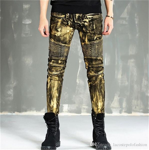 

mens designer jeans fashion light metallic luster skinny pencil pants zipper fly vintage hemme coated jeans, Blue