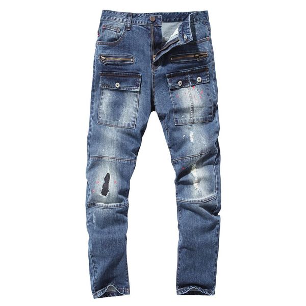 

2019 spring and autumn with holes men's jeans end boutique pure cotton cowboy trousers multi-pockets lacquer fashion-y609, Blue