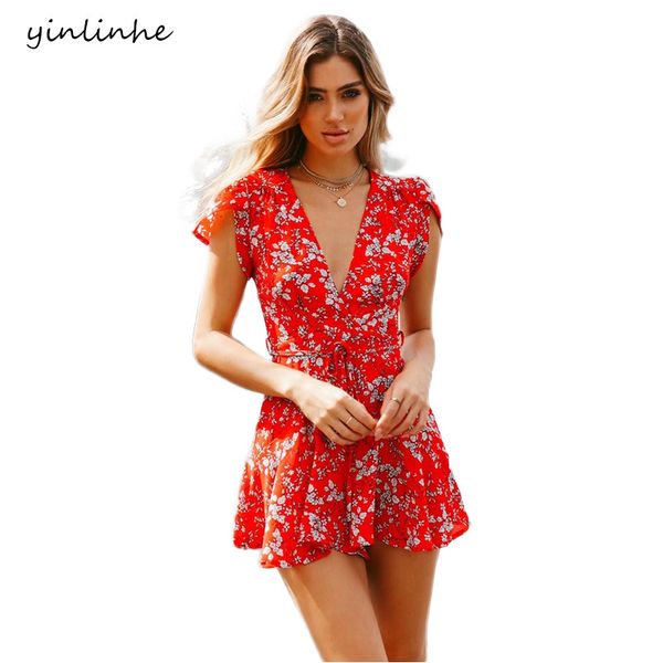 

yinlinhe red floral playsuit women v neck short jumpsuit romper summer playsuit short sleeve slim waist elegant overall 344, Black;white