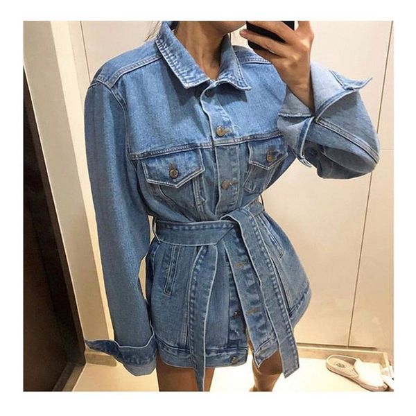 

spring fall women's casual long sleeve belt denim jakcet turn-down collar retro tie waist jeans jakcet, Black;brown