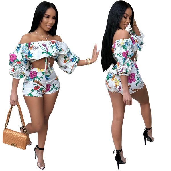 

adogirl 2019 floral print 2pcs set summer women sets strapless and shorts two piece set fashion casual female suit, Gray