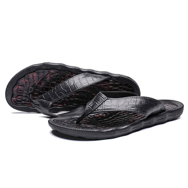 

yeinshaars slippers men shoes leather summer flip flops men breathable crocodile casual slipper for beach sandals t12, Black