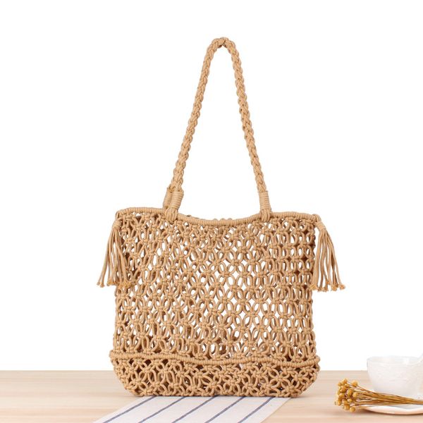 

lovevook women shoulder bags summer woven bags female beach for travel/shopping straw bag cotton rope hollow bohemia tassel