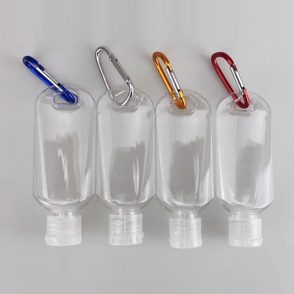 

in stock 50ml empty alcohol refillable bottle with carabiner keyrings portable clear plastic hand sanitizer bottles container