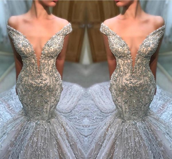 

великолепное платье с открытыми плечами русалка с бисером свадебные платья глубокий v-образным вырезом с блестками бусы свадебное платье rob, White