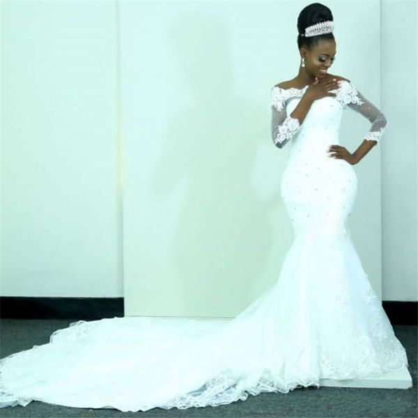 Vintage afrikanische Langarm-Meerjungfrau-Hochzeitskleider 2021, durchsichtige Spitze-Hochzeitskleider mit perlenbesetzten Kristallen, Hofschleppe-Brautkleider
